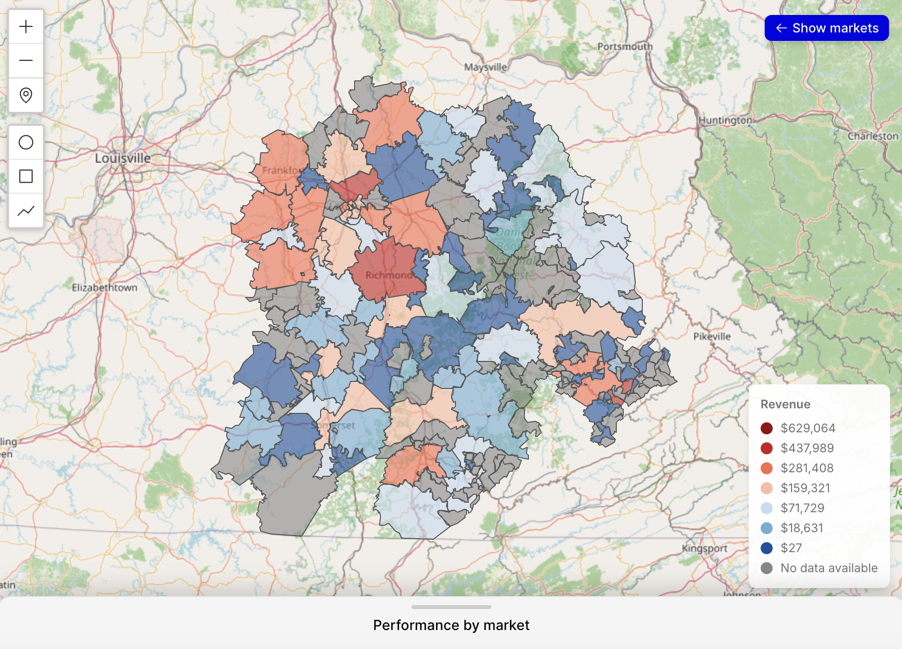 Mackdata — revenue performance by market map